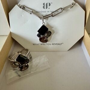 Bomb Party Necklace and Ring Set with Black and Smoky Stones